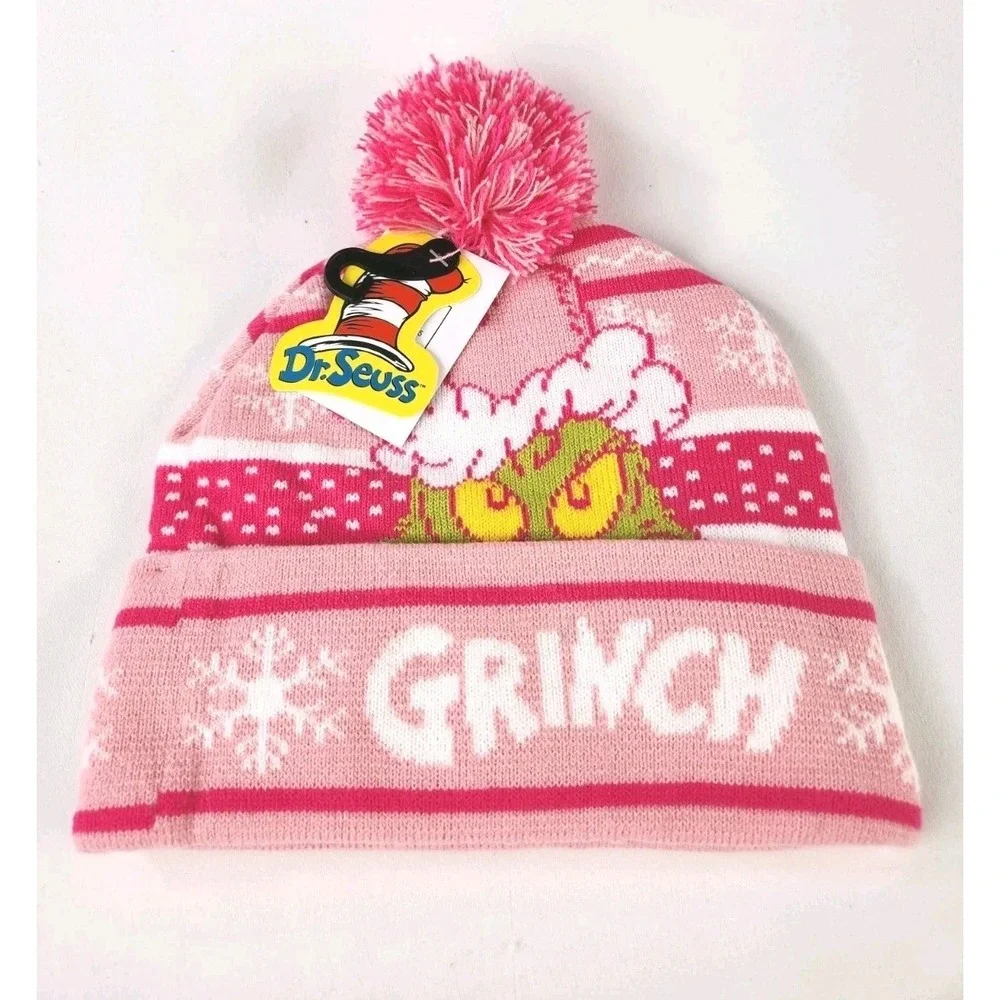 NEW Grinch Beanie stocking Hat One Size Fits Most Dr. Seuss Adult Size Pink Pom